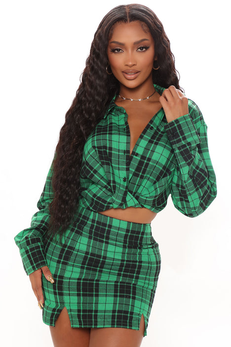 Green plaid skirt set deals
