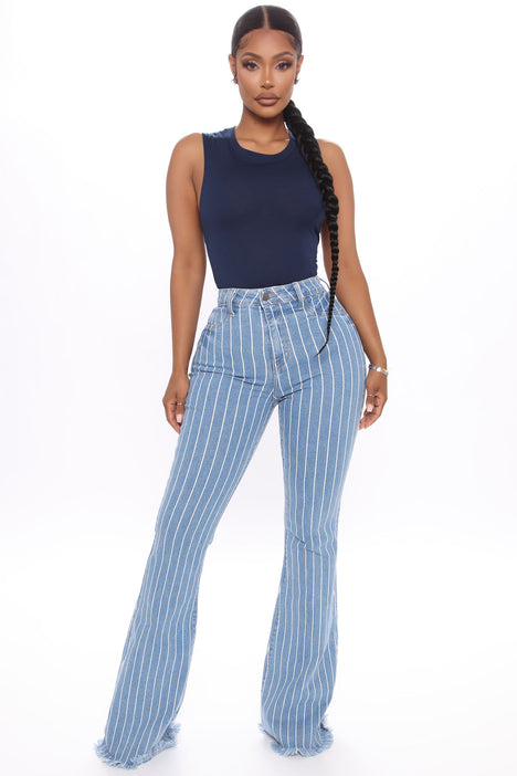 Crossed The Line Striped Flare Jeans - Light Blue Wash
