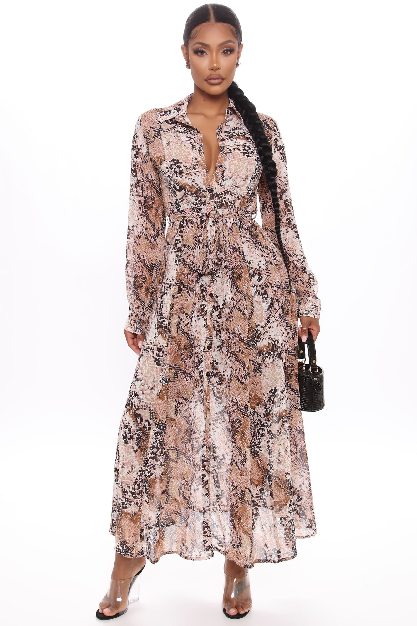 Anastasia Maxi Shirt Dress Taupe combo Fashion Nova Dresses