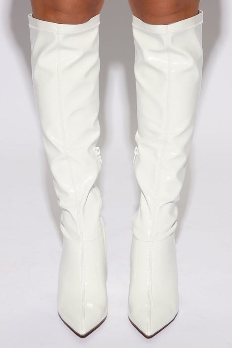 Women's Fashion Ruched Slouchy Solid Color Pointed Toe Side Zip Stiletto  Heel Mid Calf Boots In WHITE
