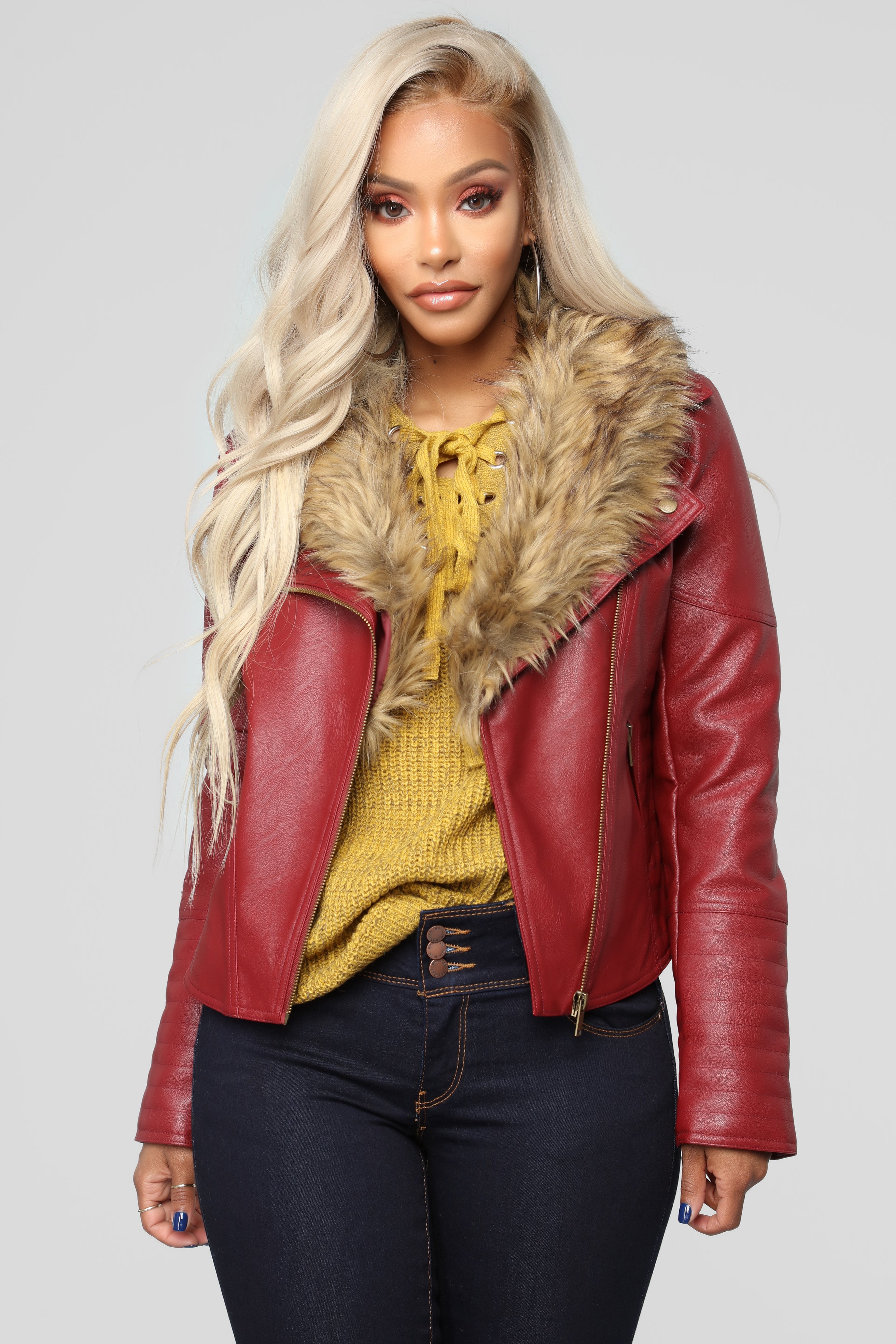 Clairey Faux Leather Jacket Red Natural