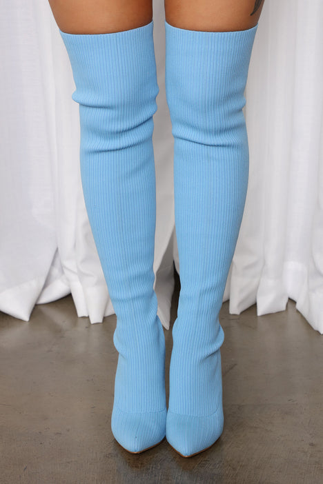 Baby blue top thigh high boots
