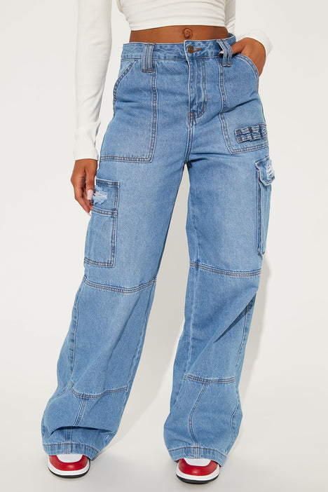 Ready Or Not Cargo Jeans - Light Blue Wash, Fashion Nova, Jeans