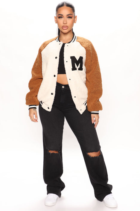 Bookworm M Sherpa Varsity Jacket Ivory combo Fashion Nova Jackets Coats Fashion Nova