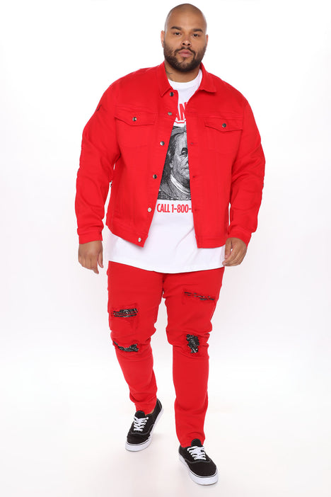 Red denim jacket outfits best sale