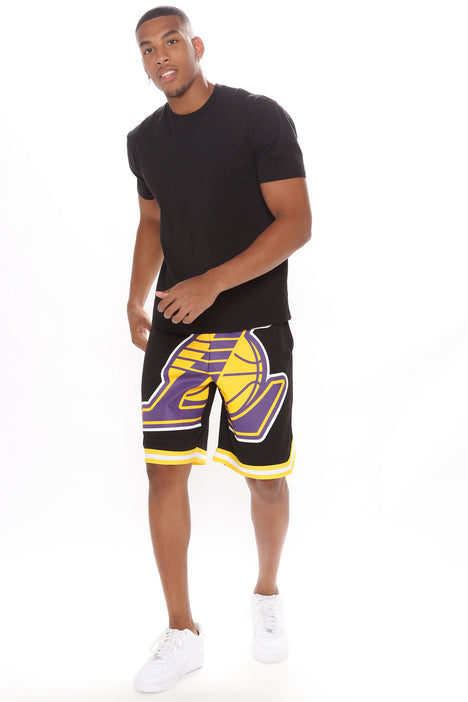 Men's Lakers Behind The Back Mesh Shorts in Black/Yellow Size Small by Fashion Nova