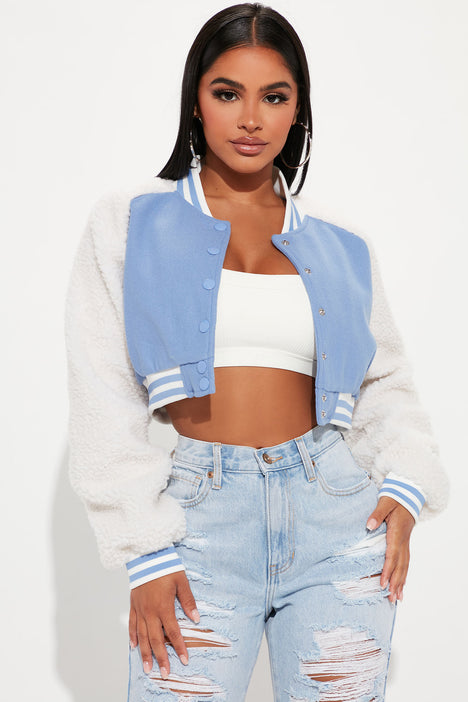 She's Popular Cropped Varsity Jacket - Light Blue