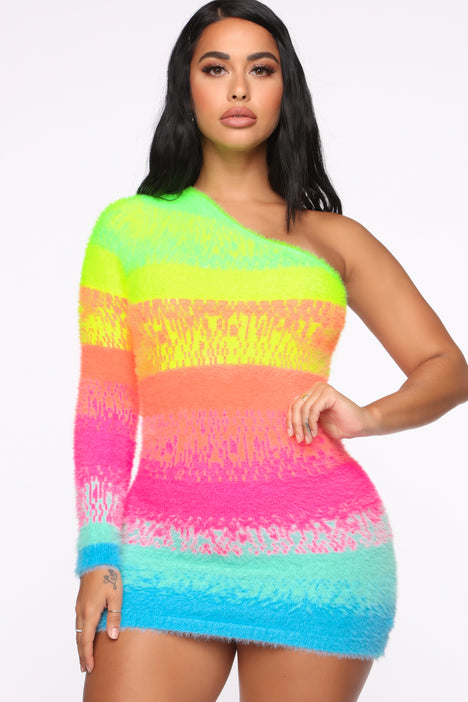 Rainbow Kiss One Shoulder Sweater Dress MultiColor