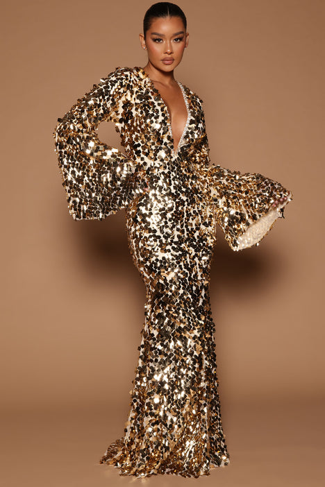 Gold sequin maxi dress long cheap sleeve