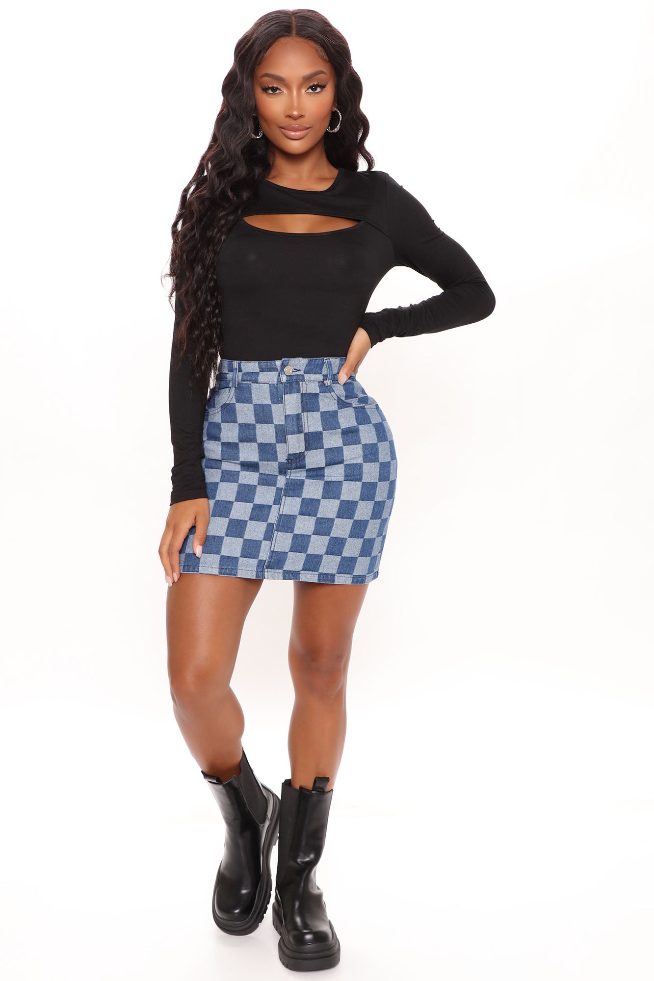 Checkered jean on sale skirt