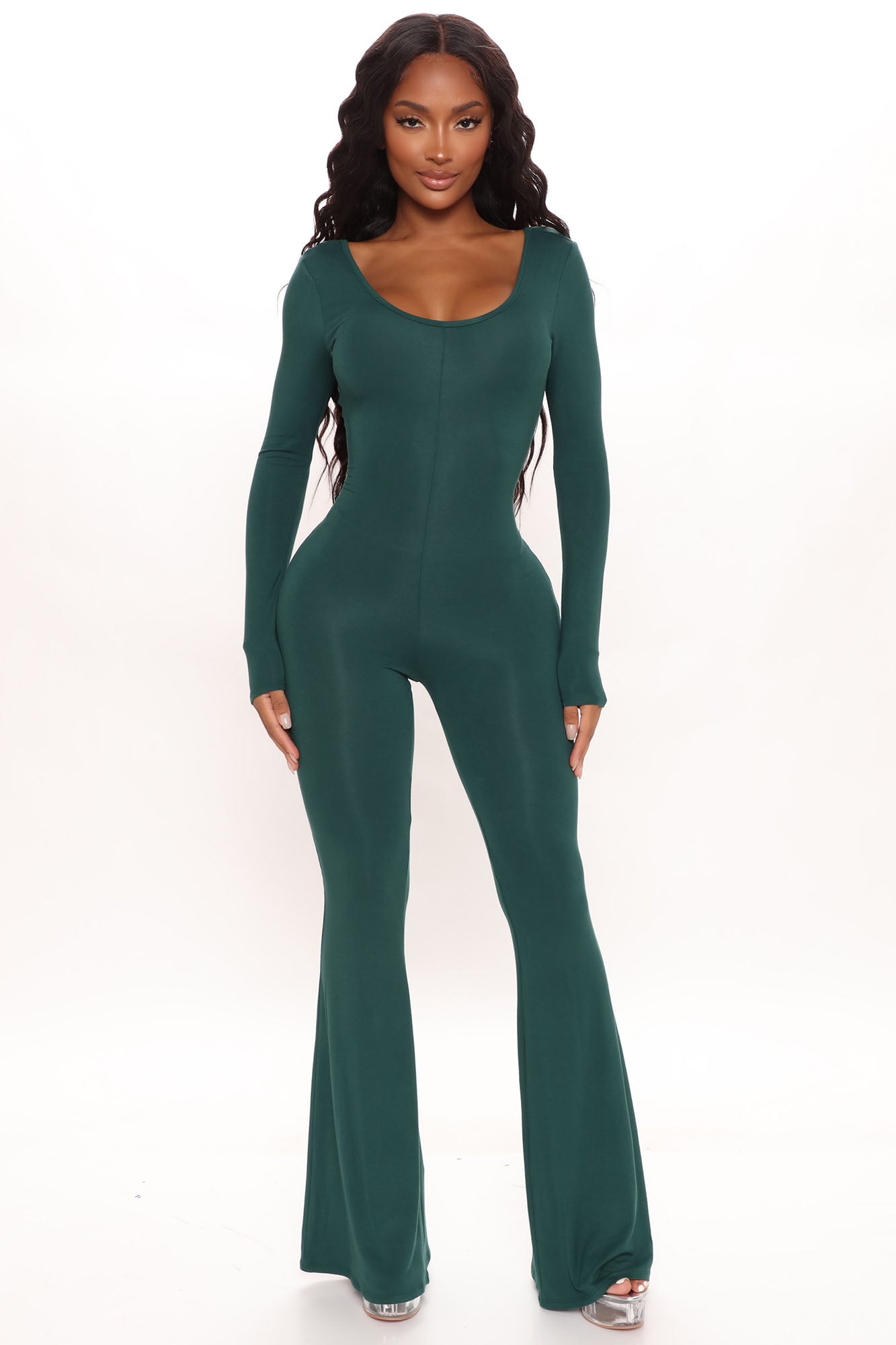 Nova Season Long Sleeve Flare Jumpsuit Hunter Fashion Nova
