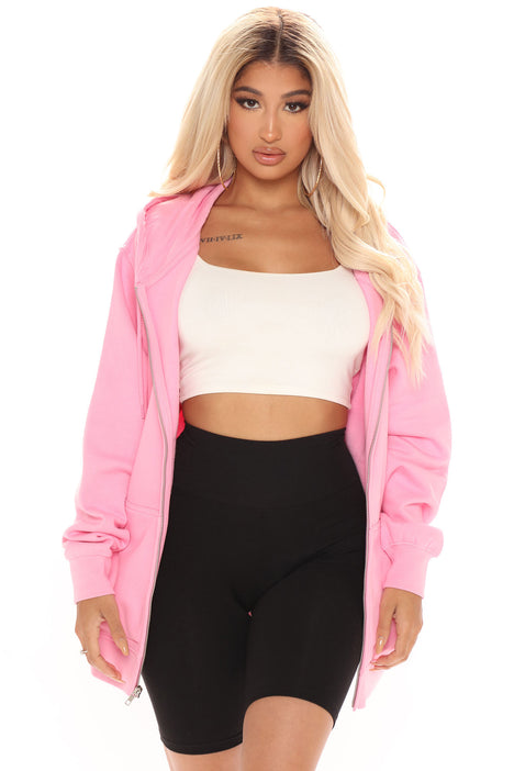 Pink fluffy zip up hoodie deals