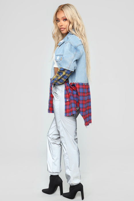 Plaid craze denim jacket hot sale