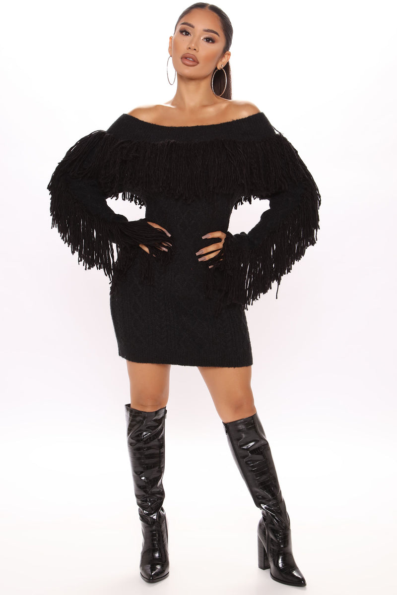 Agatha Off Shoulder Fringe Dress - Black | Fashion Nova, Dresses ...