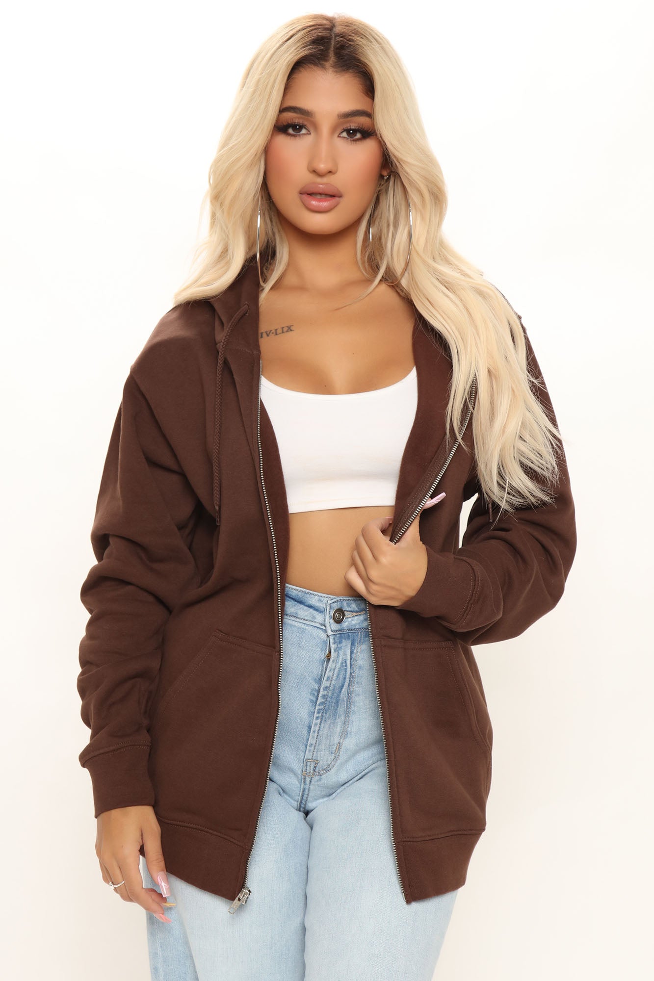 FULL TILT Oversized Zip-Up Hoodie Chocolate at  Women's Clothing store