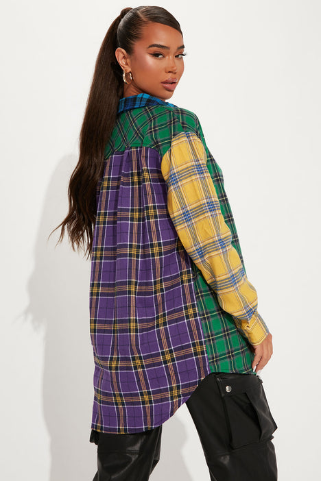 Purple and yellow plaid shirt hot sale
