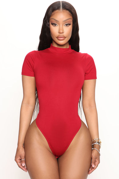 Basic Mock Neck Bodysuit - Deep Red, Fashion Nova, Basic Tops & Bodysuits