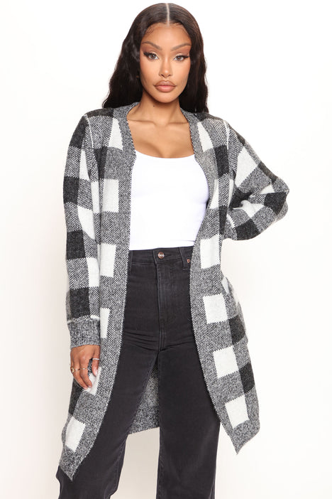 Cozy Cabin Stay Check Cardigan Black White Fashion Nova
