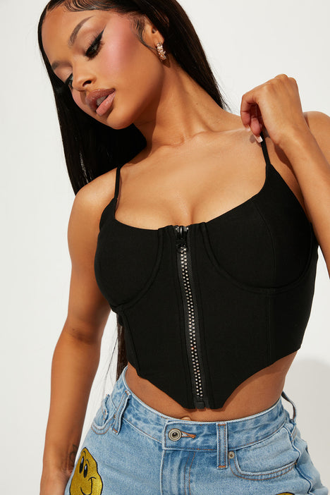 Remi Rhinestone Zipper Bustier Top Black