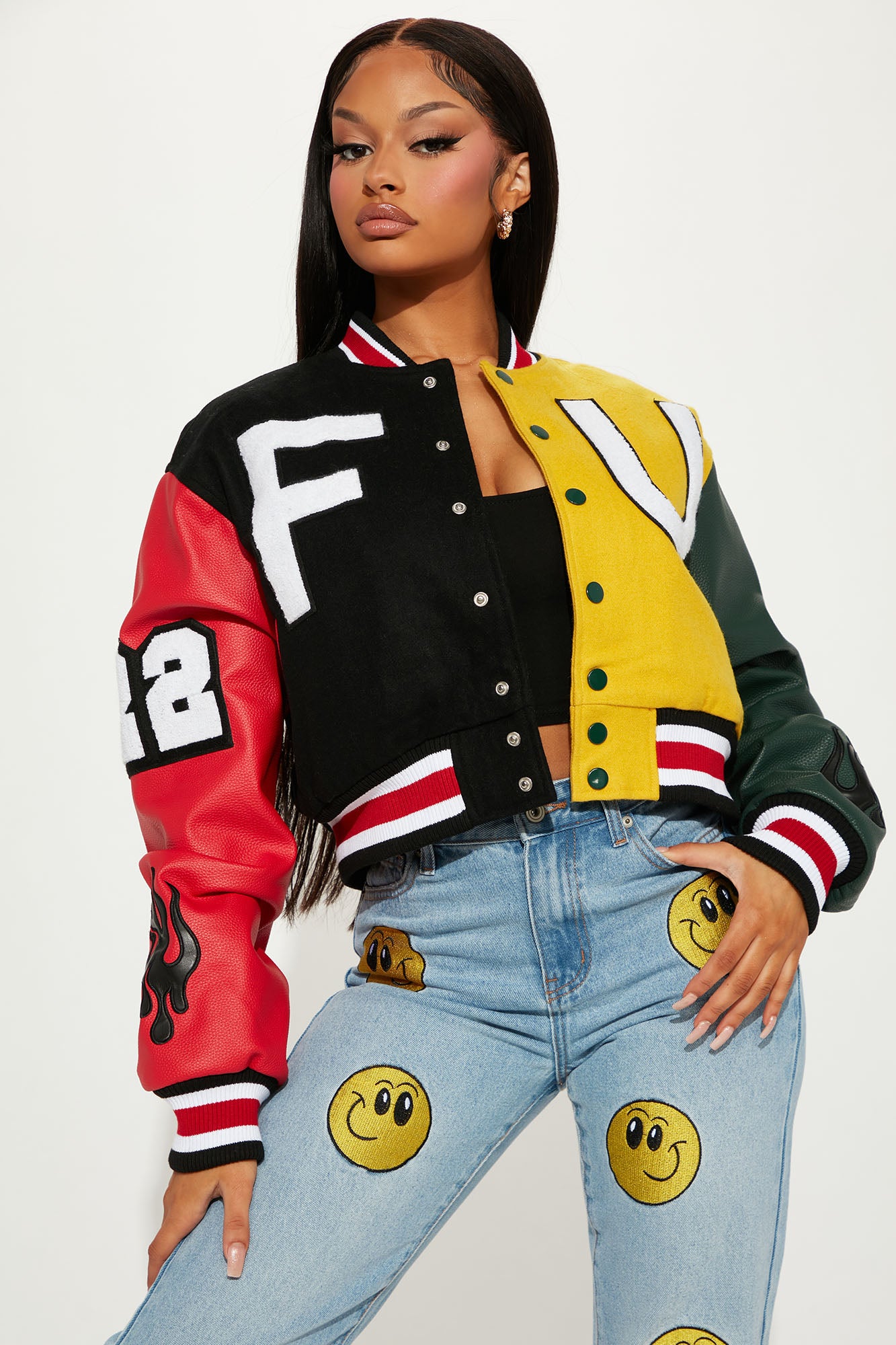 Multicolor varsity jacket deals