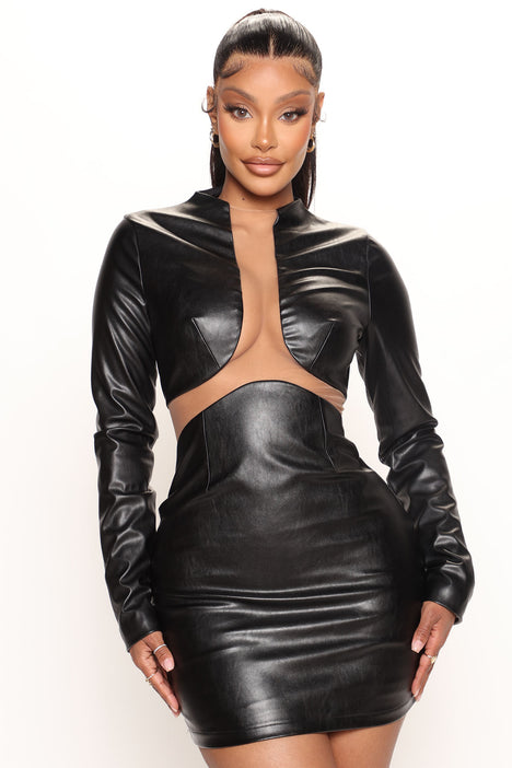 Moonlit Faux Leather Mini Dress Black