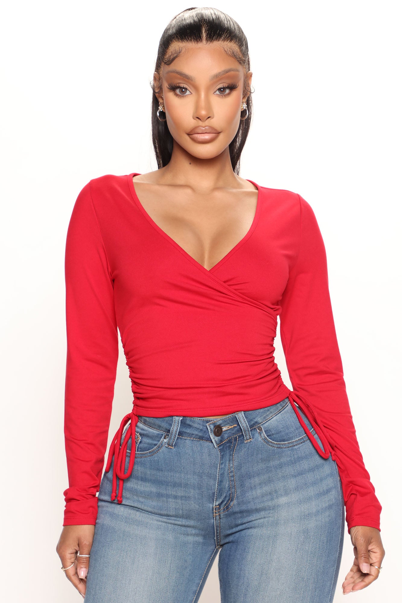 Red long sleeve wrap top hotsell