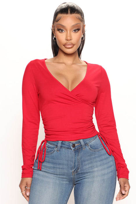 Red wrap top long sleeve cheap
