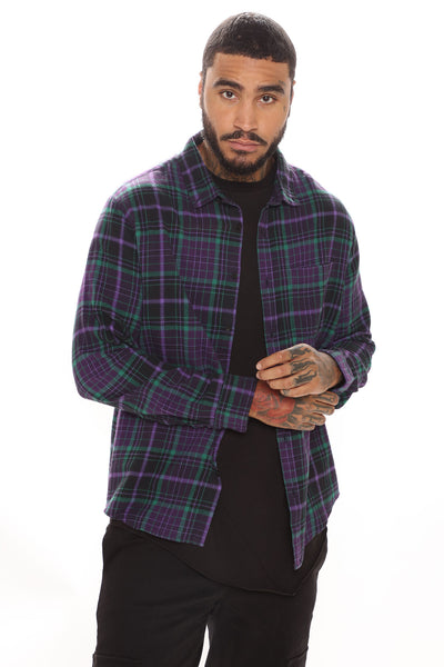 Stay The Night Long Sleeve Flannel Shirt Purple Green Fashion