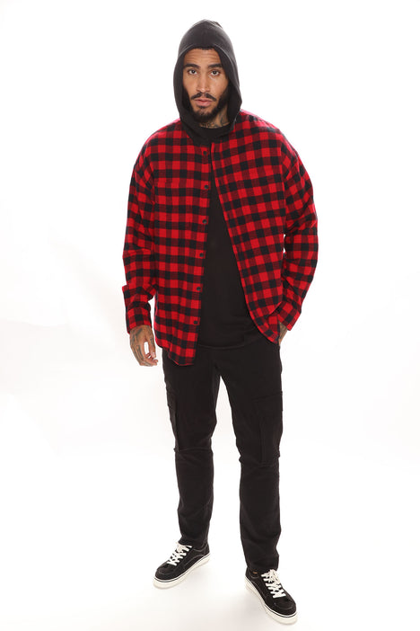 Good Luck Hooded Plaid Flannel Shirt - Red/Black | Fashion Nova, Mens  Shirts | Fashion Nova