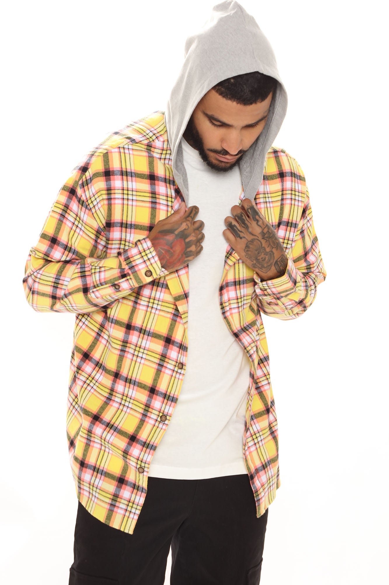 Yellow and black flannel hoodie deals