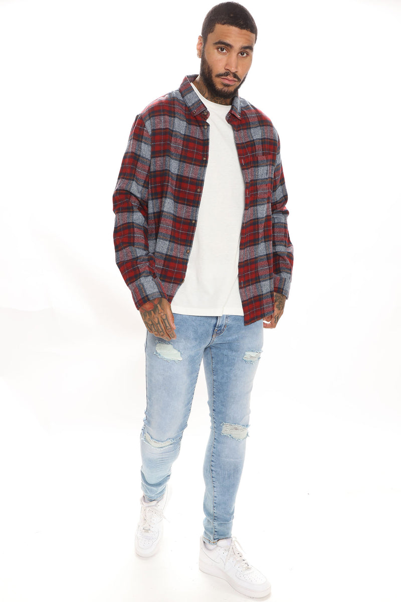 Cold One Long Sleeve Flannel Shirt - Red/combo | Fashion Nova, Mens ...