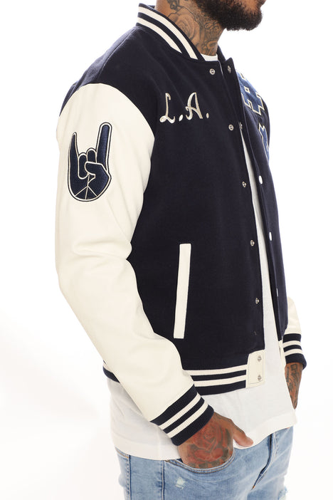 Men's La Patchwork Varsity Jacket Combo in Cream Size Large by Fashion Nova
