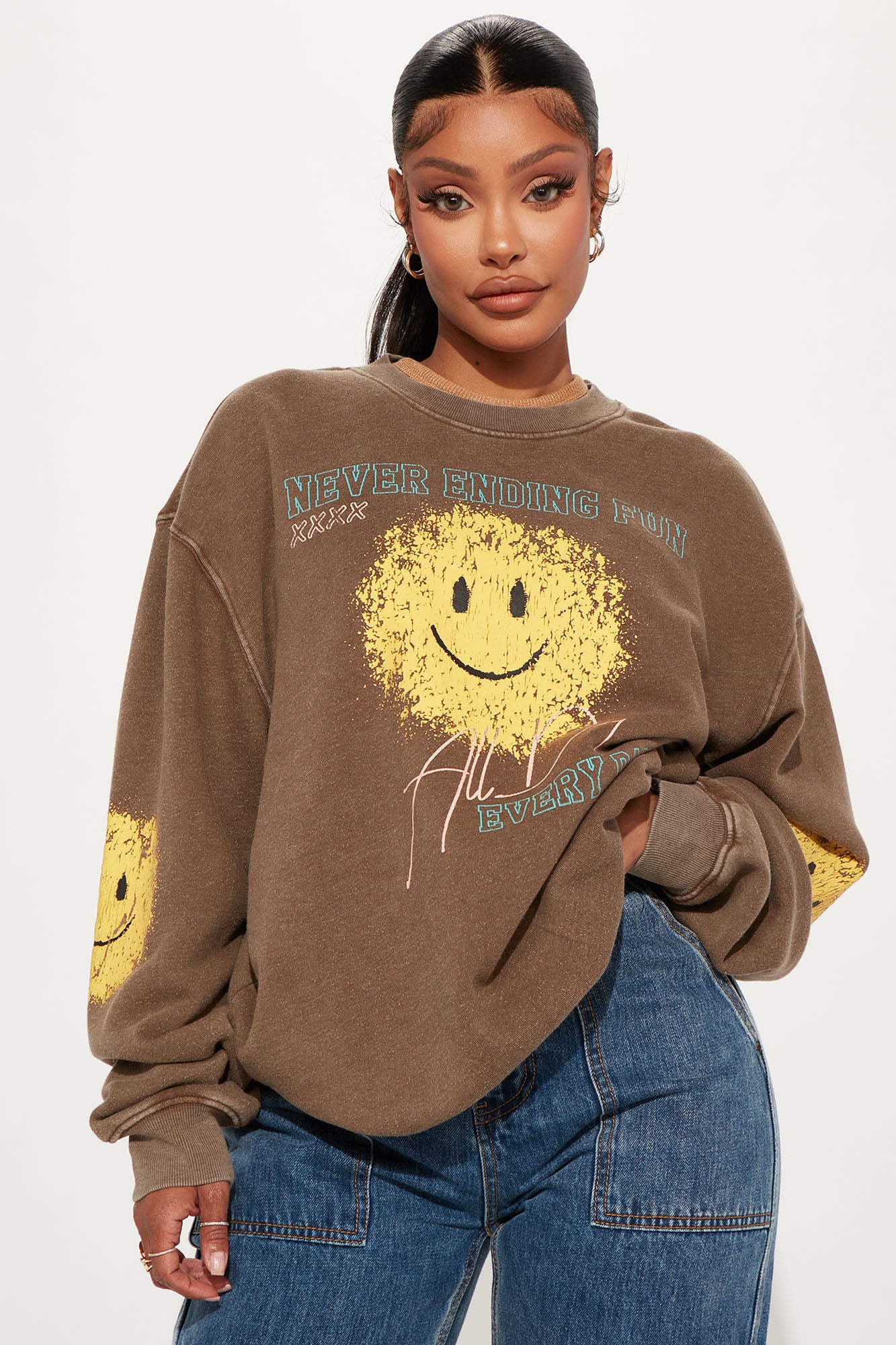 Smiley Face Washed Sweatshirt Brown Combo Fashion Nova