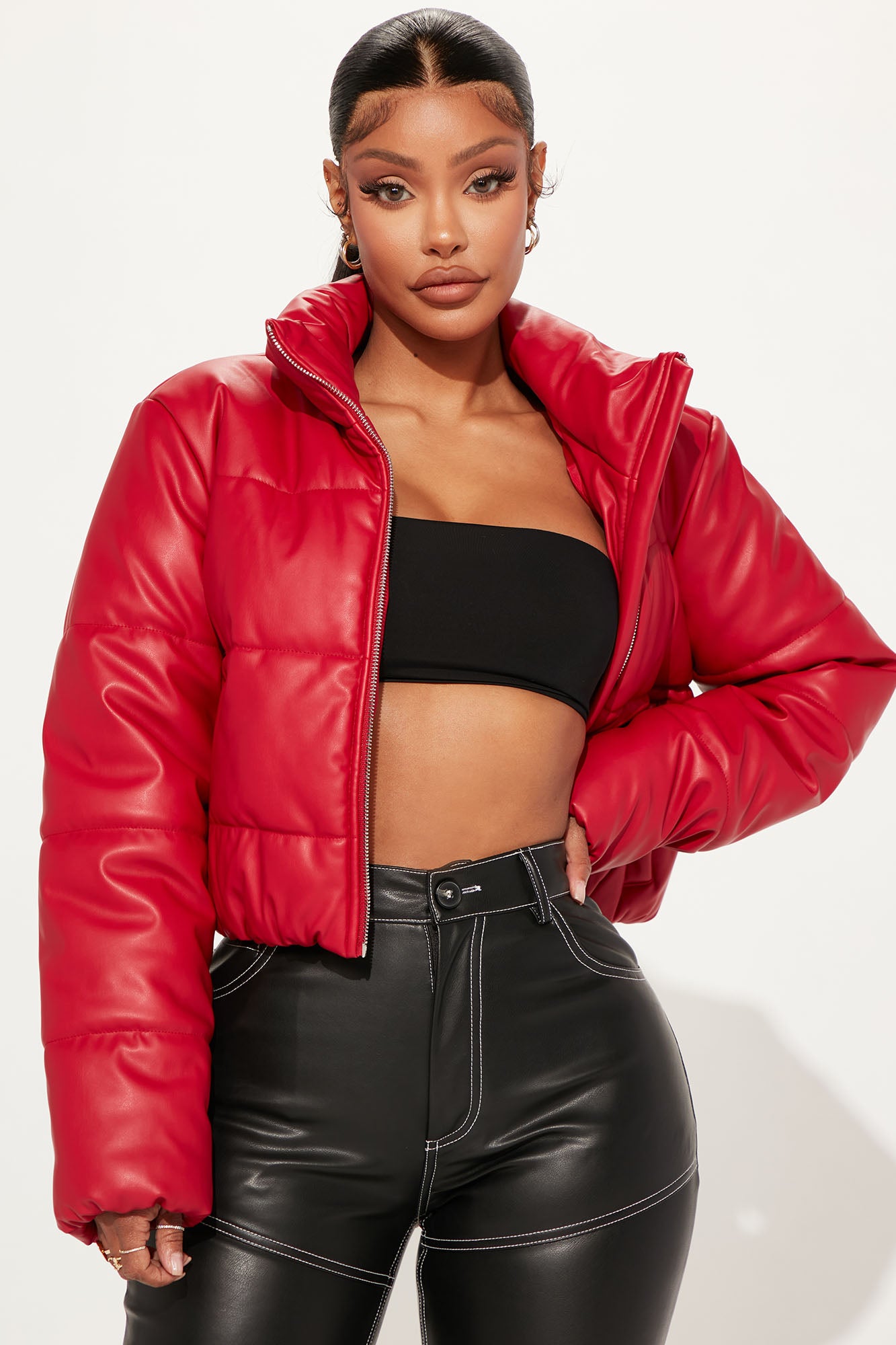 Women's Vixen Faux Leather Puffer Jacket in Red Size Small by Fashion Nova