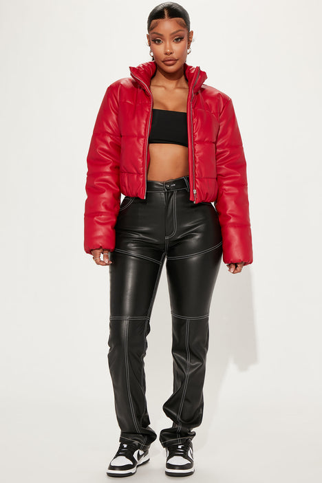 Vixen Faux Leather Puffer Jacket Red