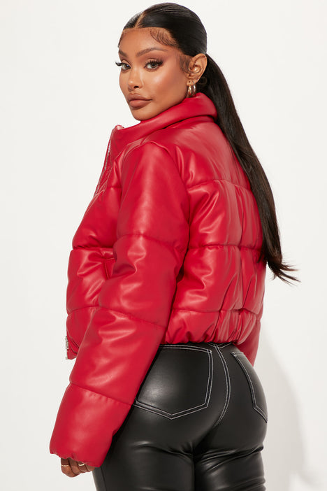 red leather puffer