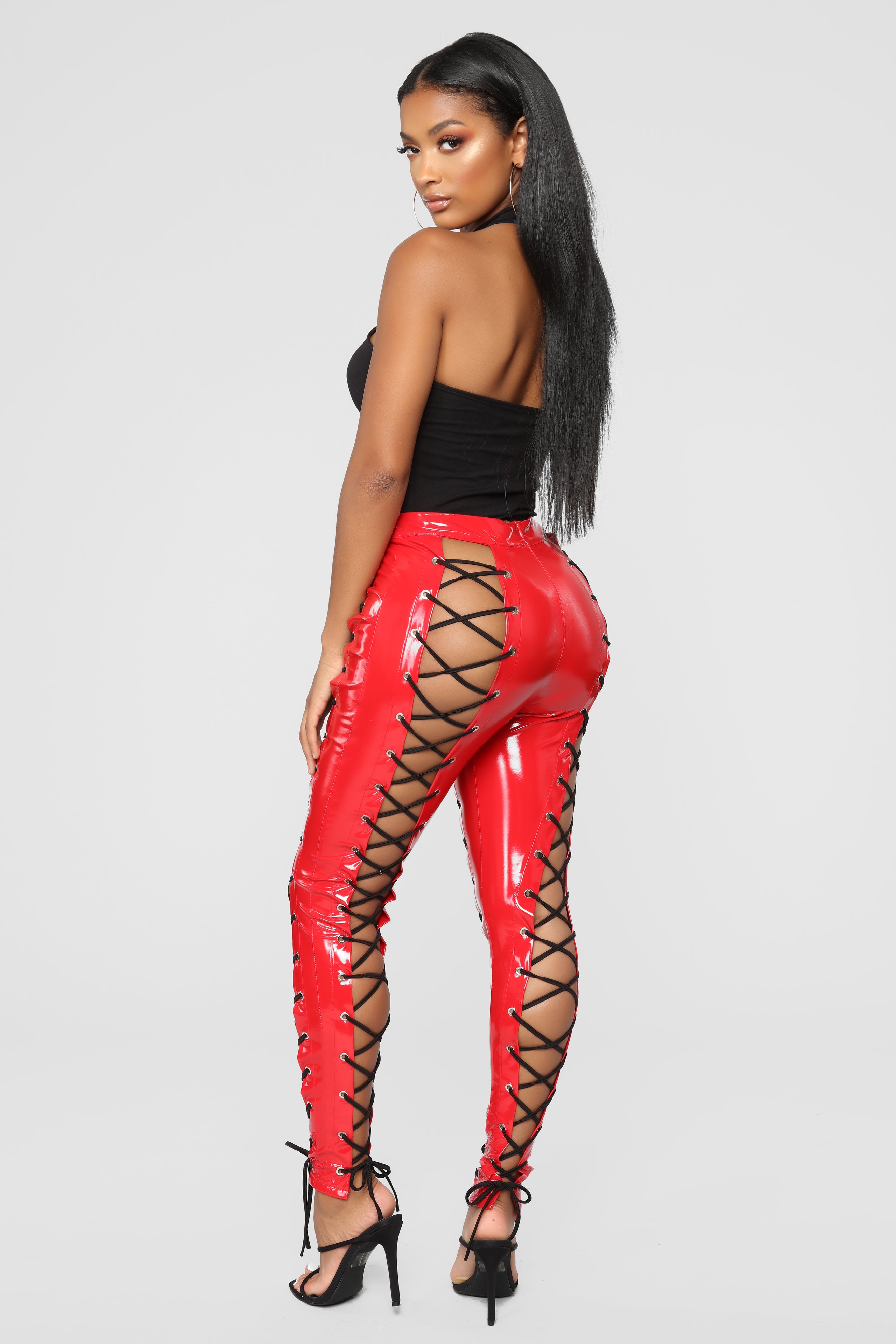 Red latex cheap pants fashion nova