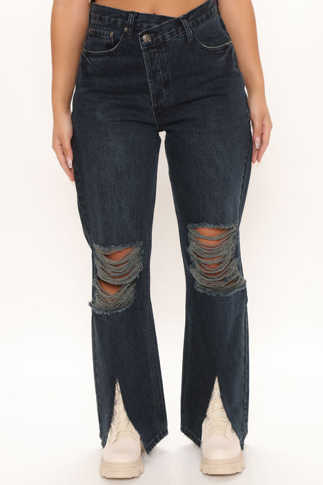 Crossover Split Hem Distressed Jeans Black