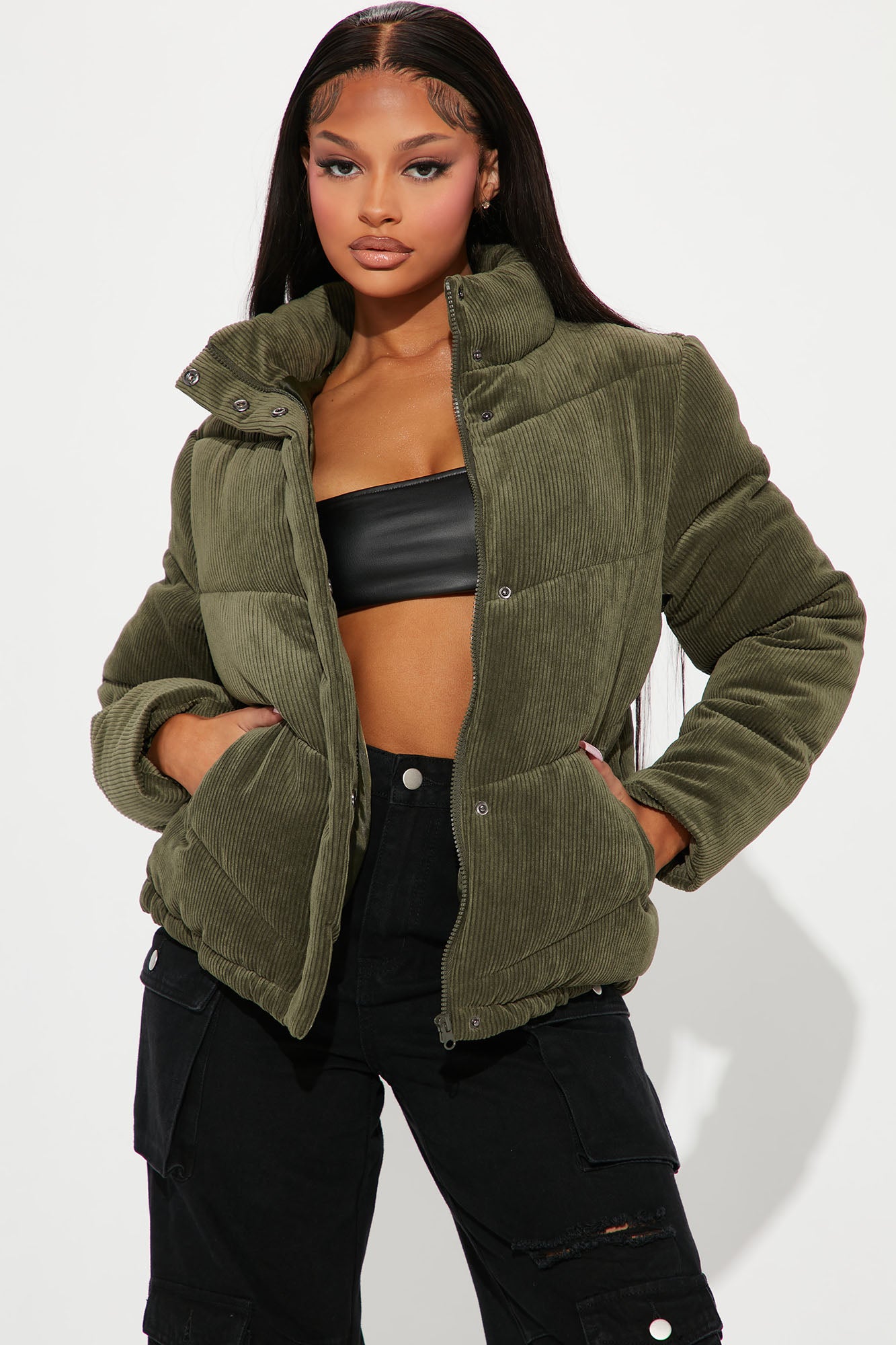Green corduroy puffer store jacket