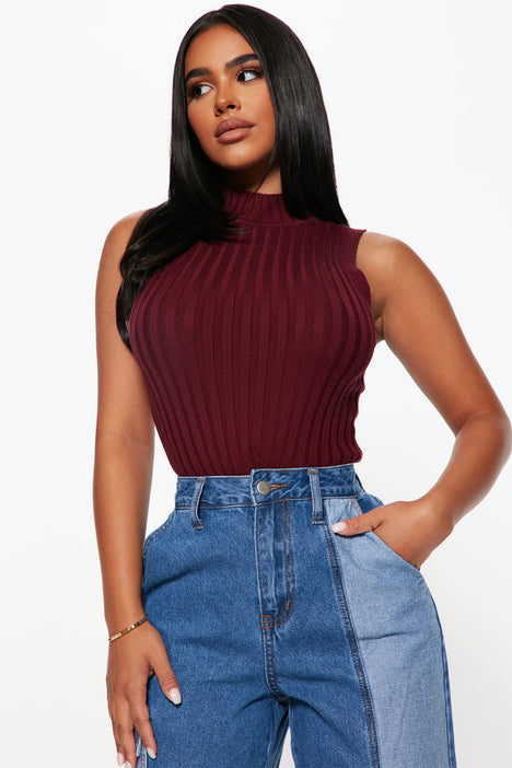 Debby Ribbed Mock Neck Sweater Tank Burgundy