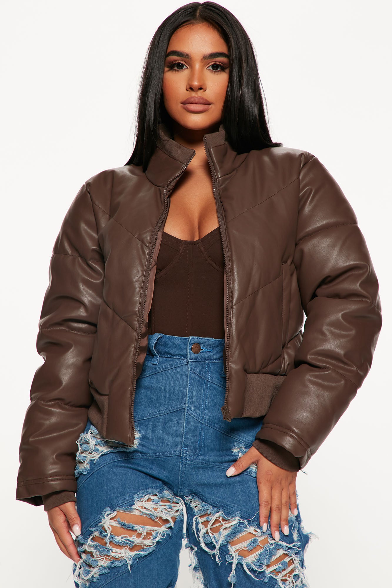 No Excuses Faux Leather Puffer Jacket - Chocolate