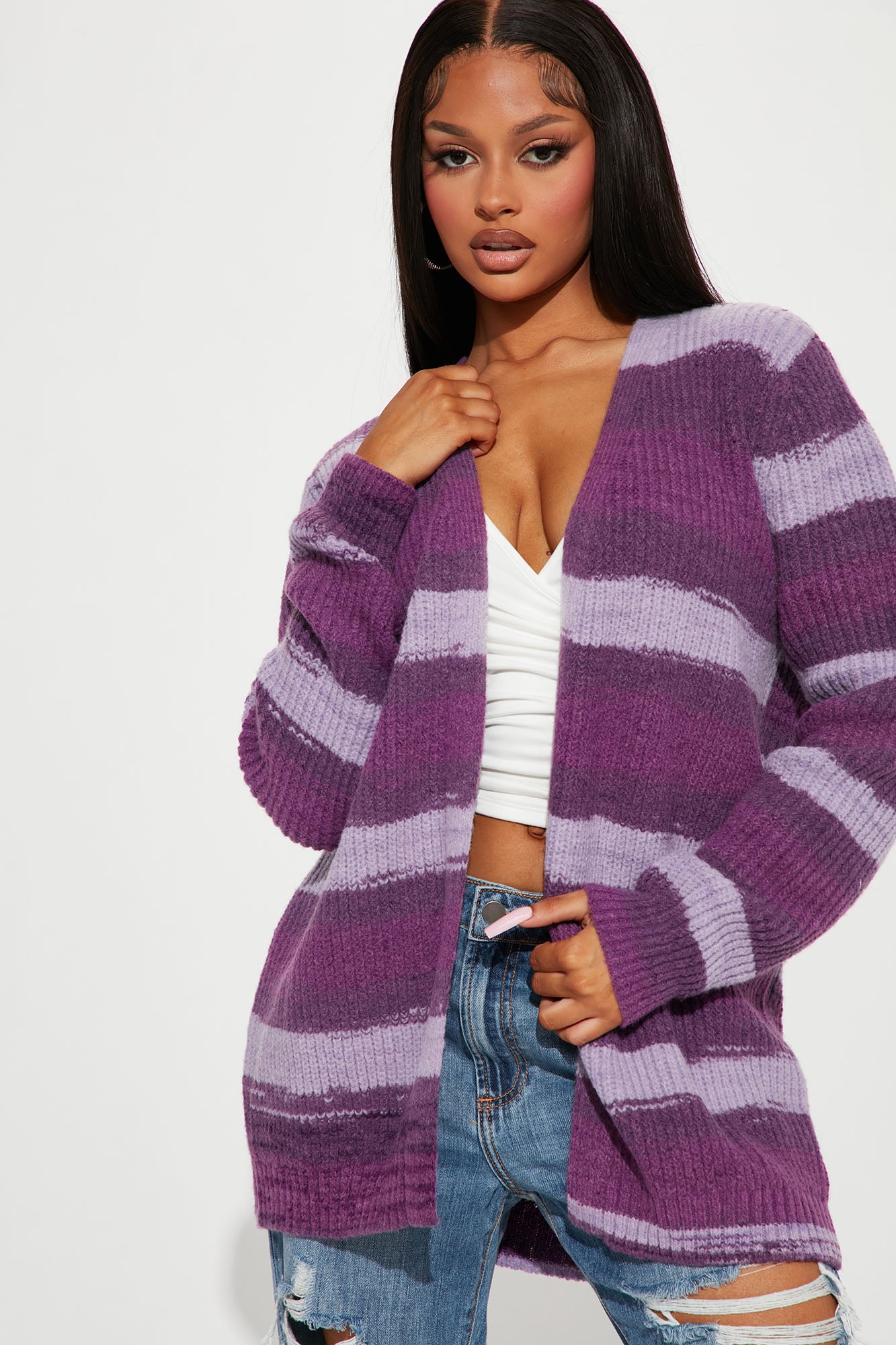 Purple sales striped cardigan