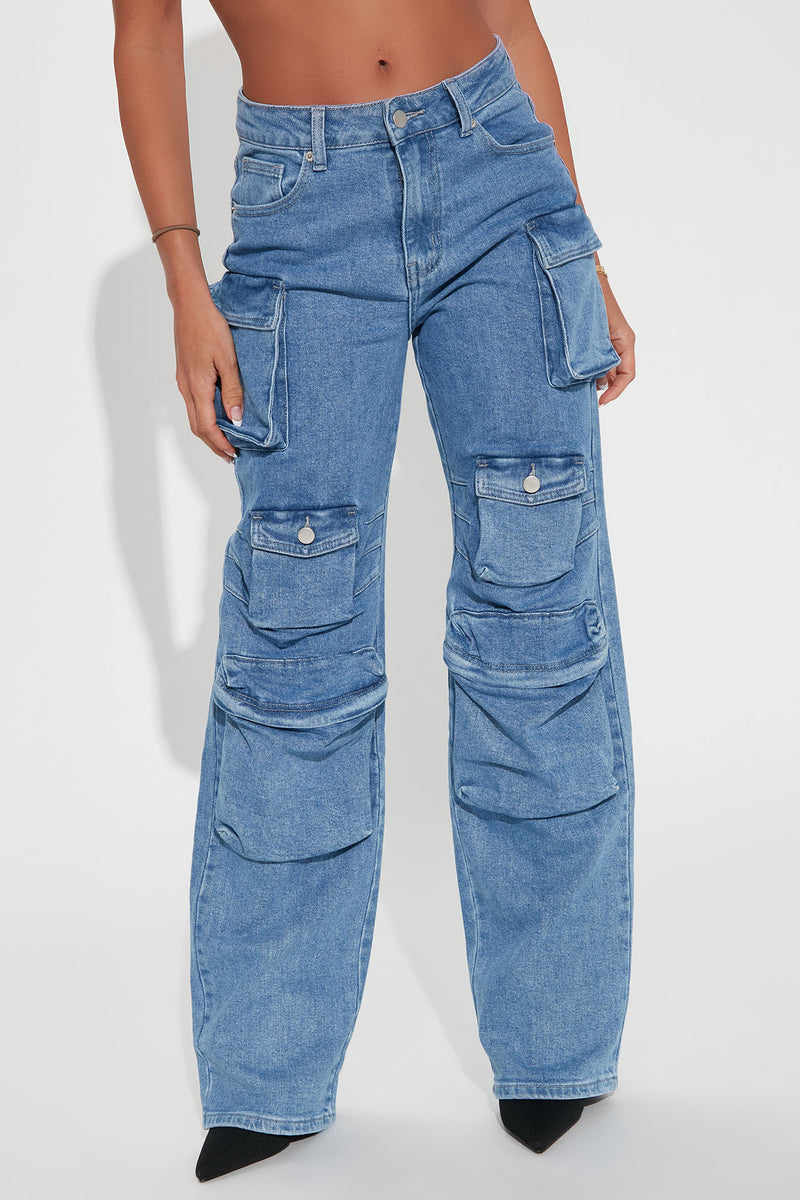 Just Enough Time '90s High Rise Cargo Jeans - Medium Blue Wash ...