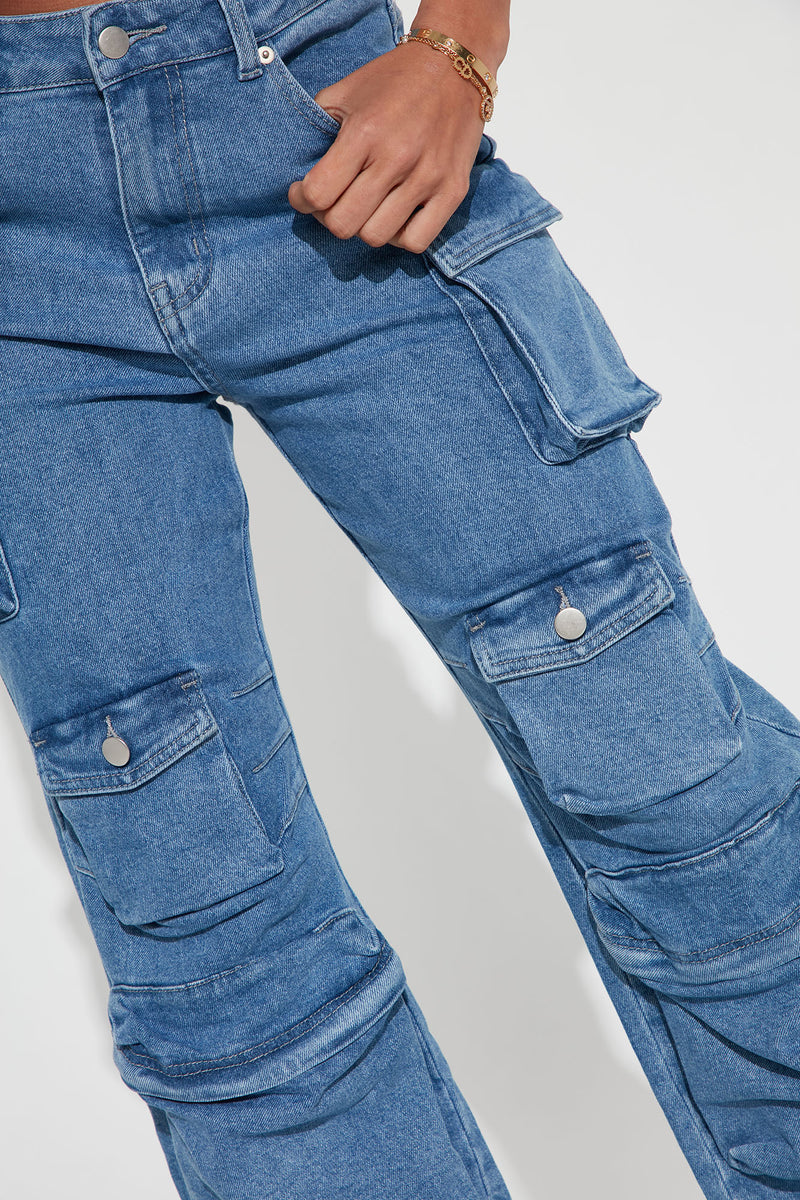 Just Enough Time '90s High Rise Cargo Jeans - Medium Blue Wash ...