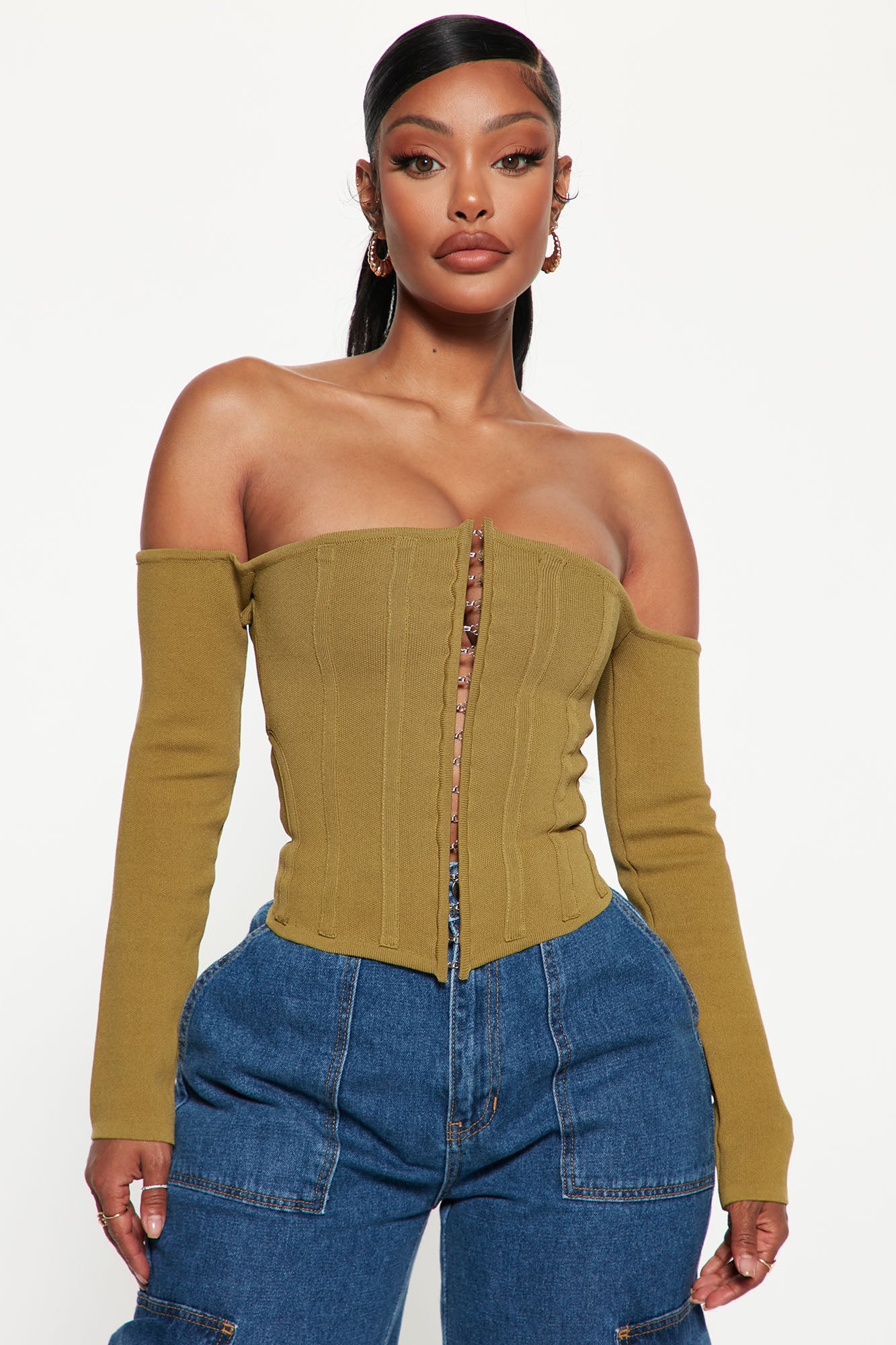 Cutting Edge Off The Shoulder Corset Top - Olive, Fashion Nova, Sweaters