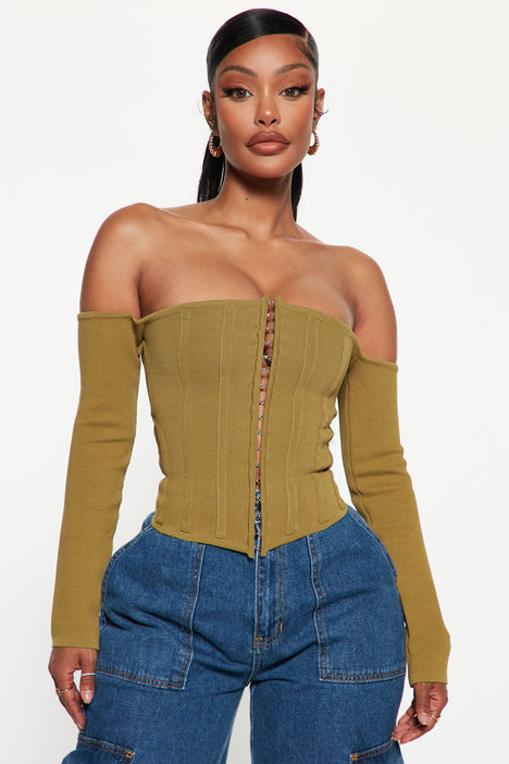 Cutting Edge Off The Shoulder Corset Top - Olive