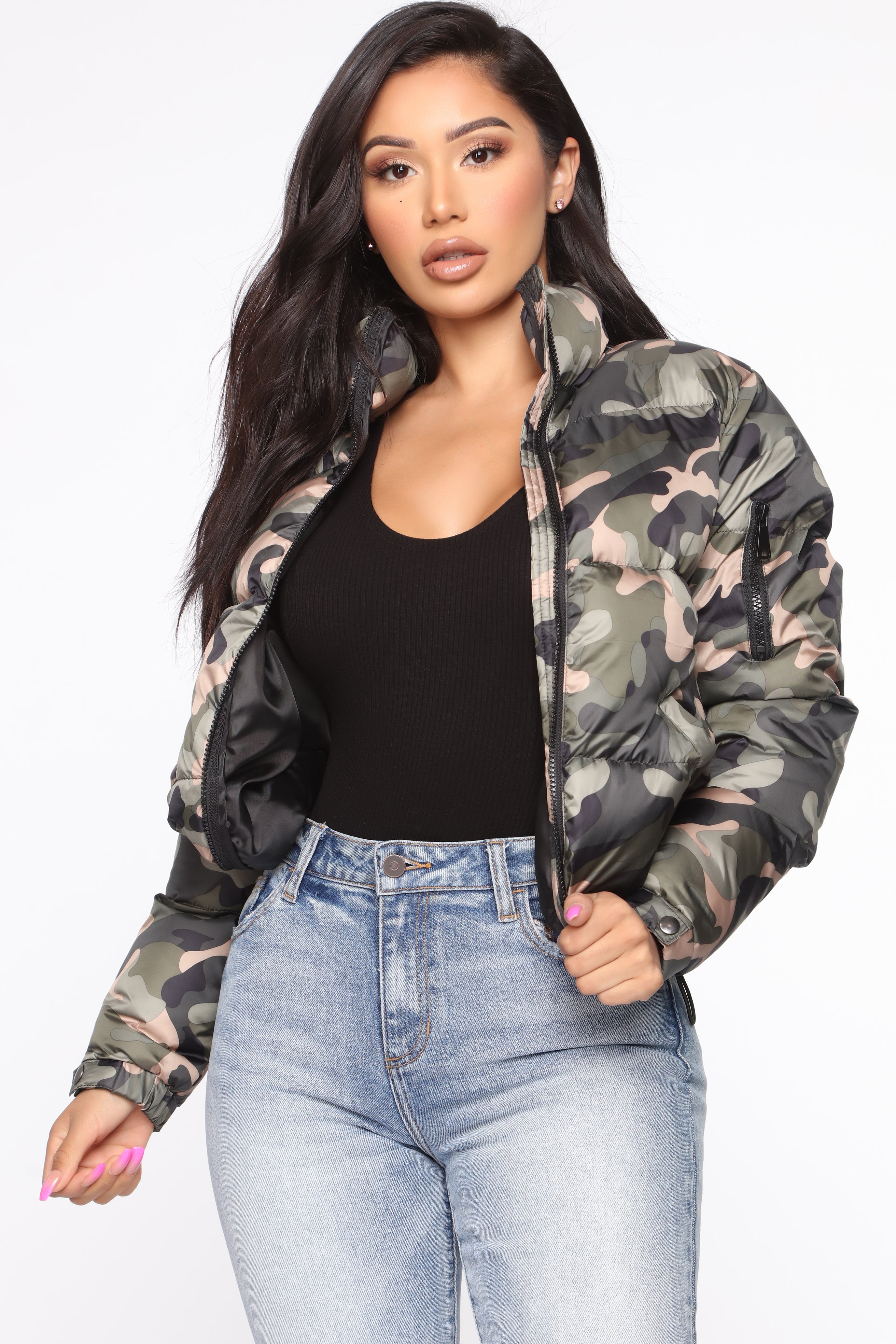 Cropped camo puffer jacket new arrivals