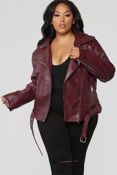 Burgundy leather jacket plus size top