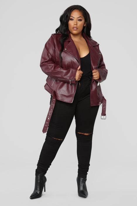 Plus size burgundy faux leather outlet jacket