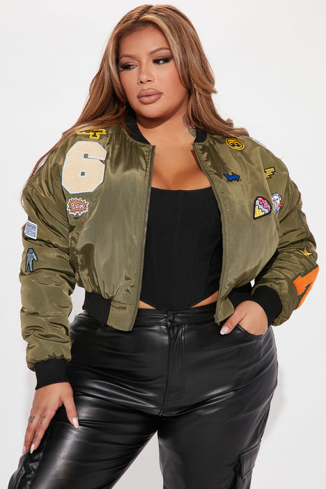 Olive Green Women Varsity Bomber Jacket